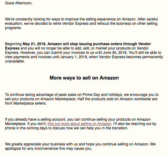 亞馬遜要關(guān)閉Vendor Express了！賣家你們收到郵件了嗎？
